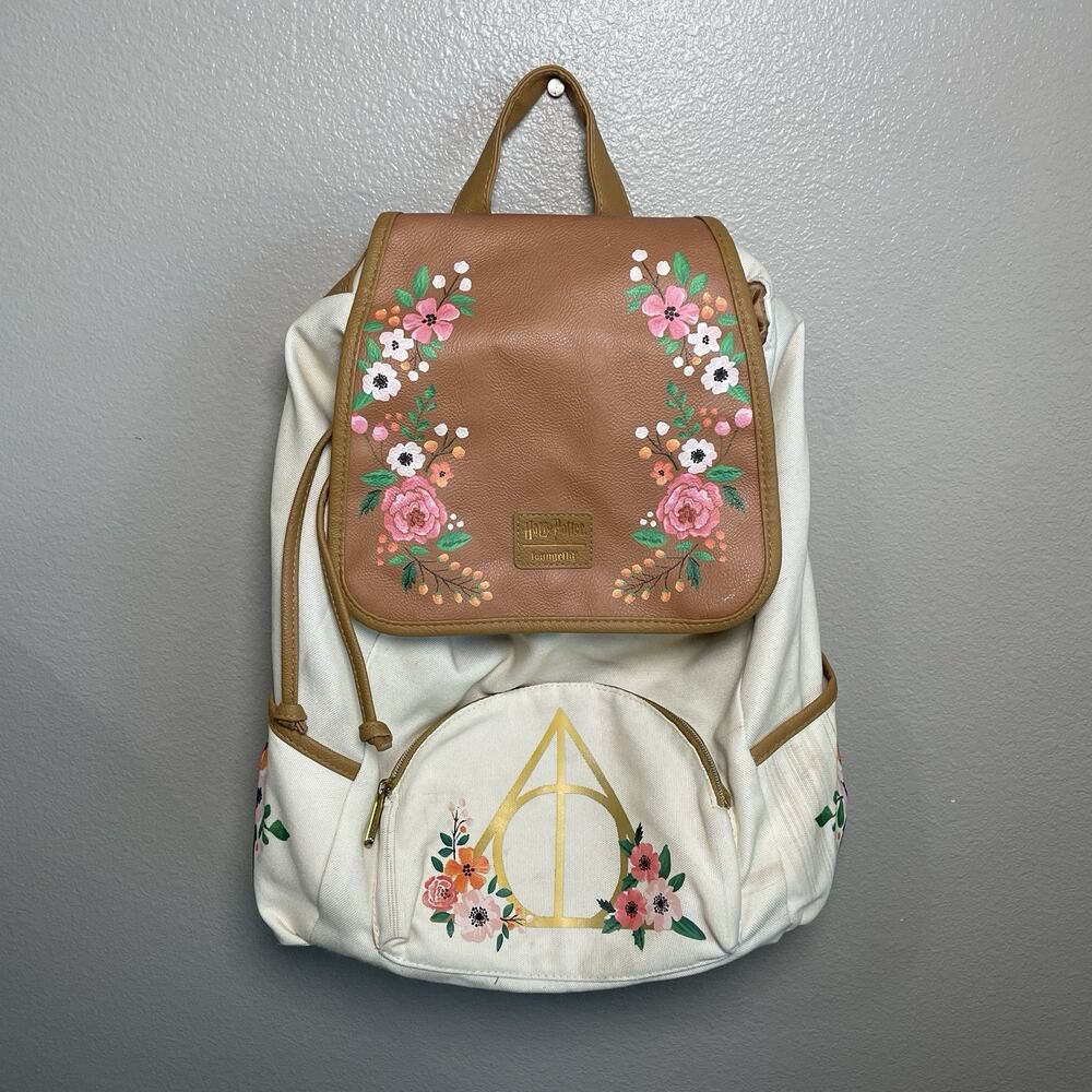 Loungefly Harry Potter Backpack Deathly Hallows Floral Slouch Drawstring Symbol